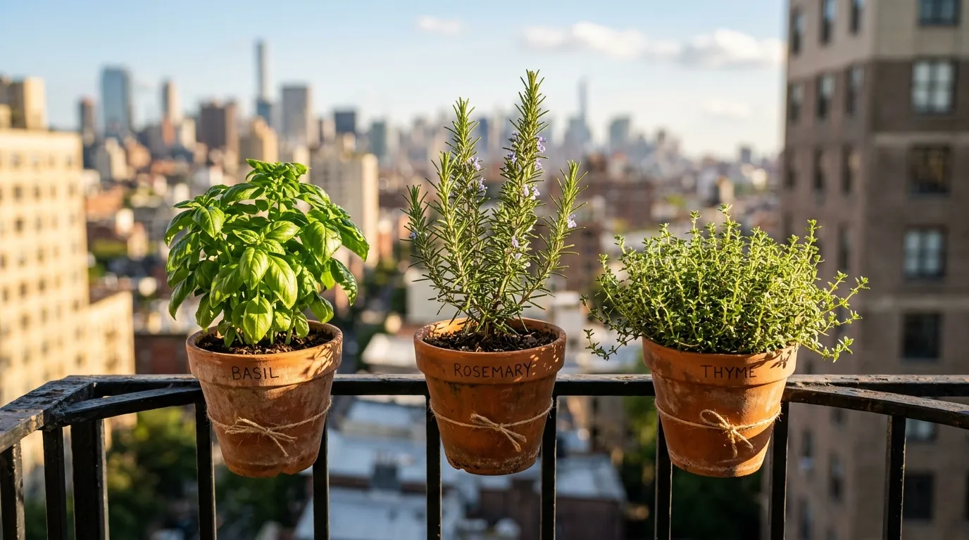 Herb pots on a sunny apartment balcony with basil, rosemary, and thyme