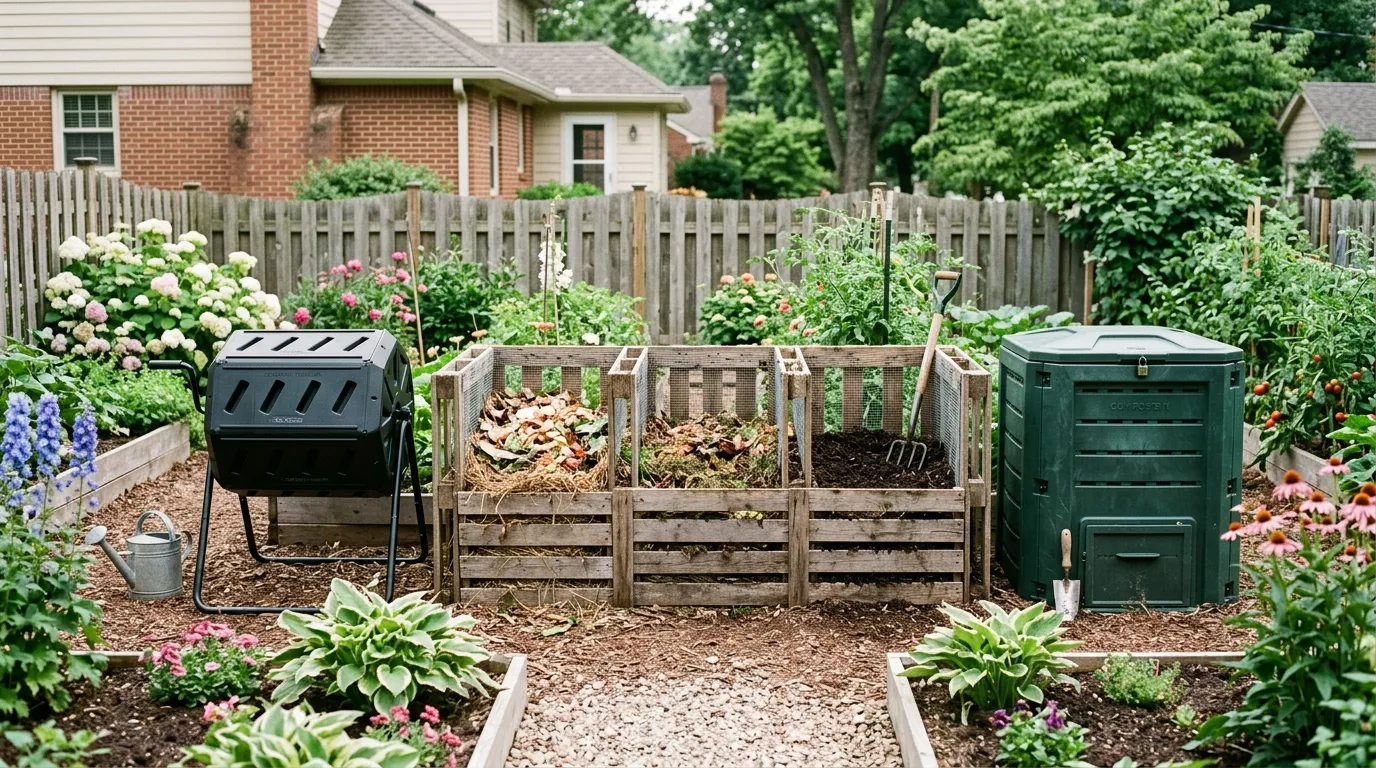 Three types of backyard compost bins - tumbler, wooden pallet, and plastic