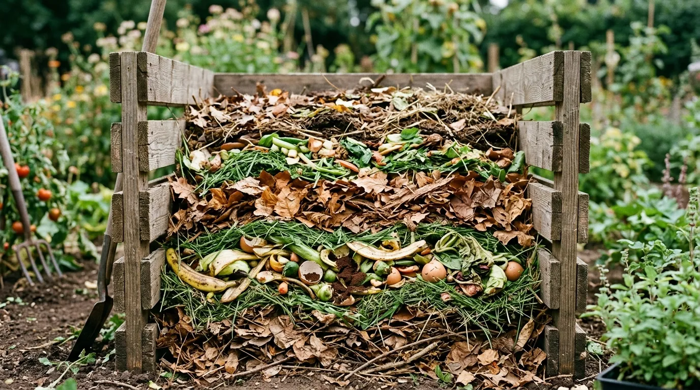 Layers of green and brown compost materials in an open wooden bin