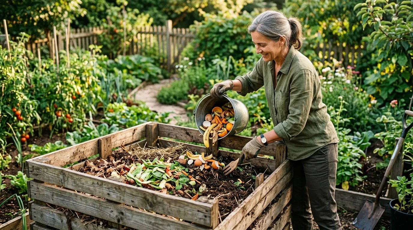 Composting kitchen scraps into a wooden compost bin in a backyard