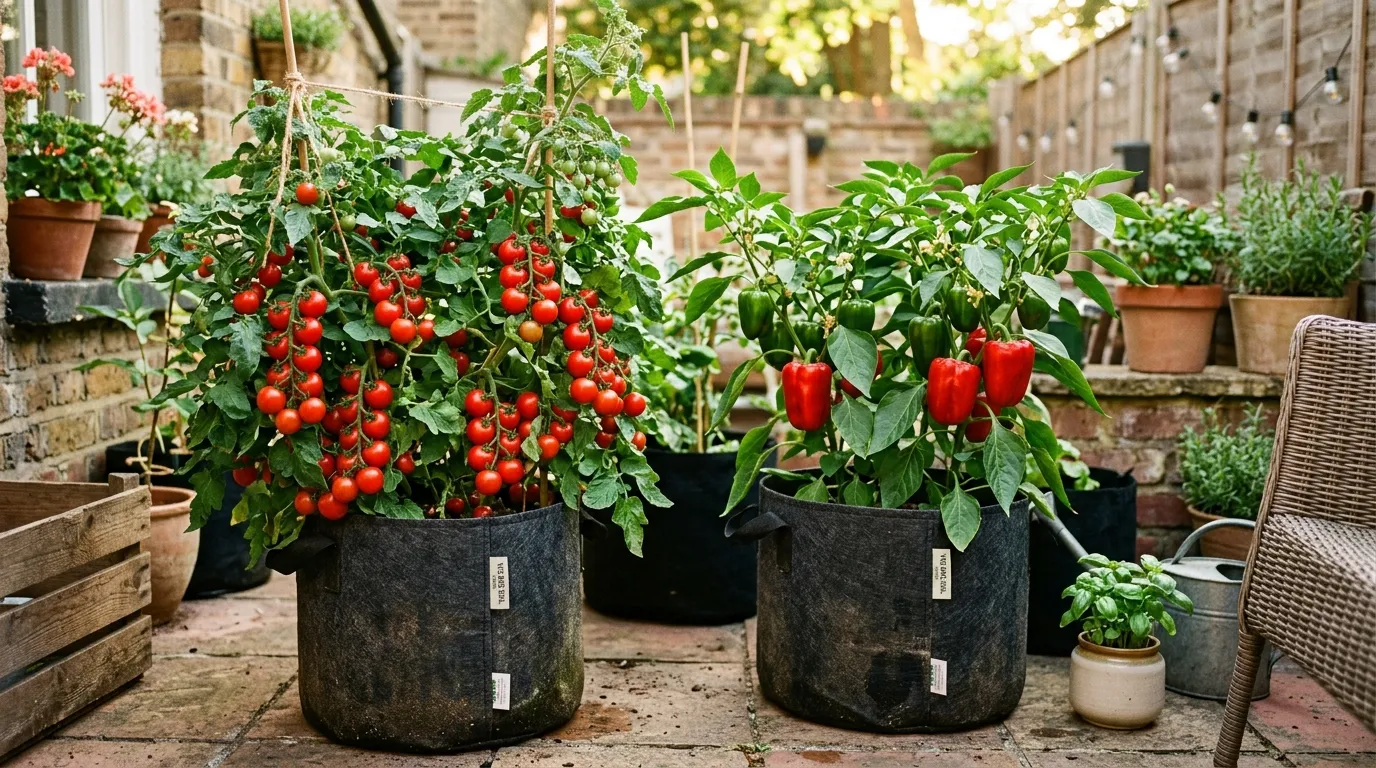 Cherry tomatoes and peppers growing in fabric grow bags on a patio