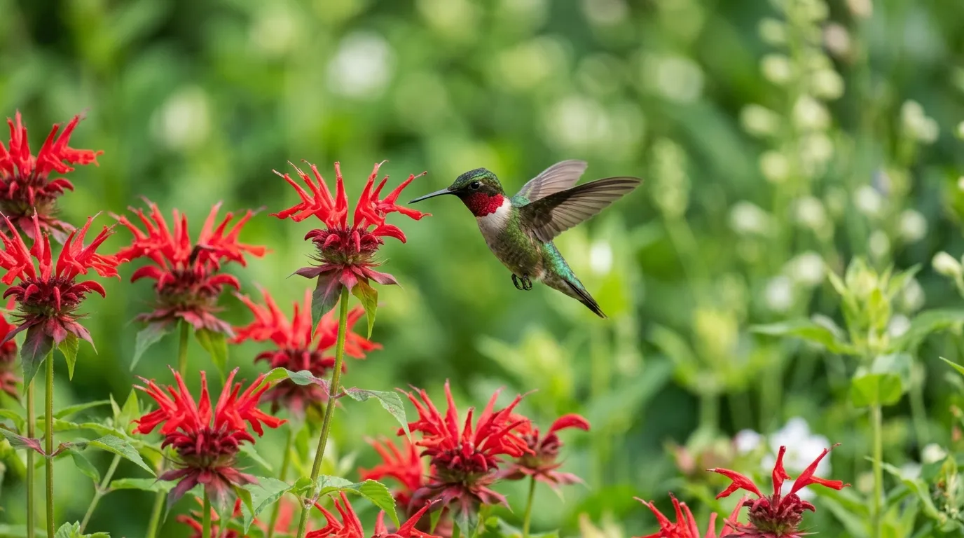 A ruby-throated hummingbird hovering at red bee balm flowers