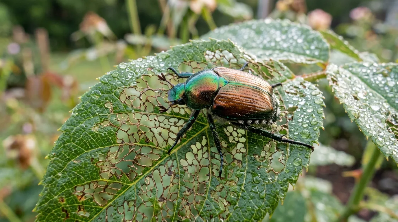 Close-up of a Japanese beetle showing iridescent green and copper colors on a rose leaf