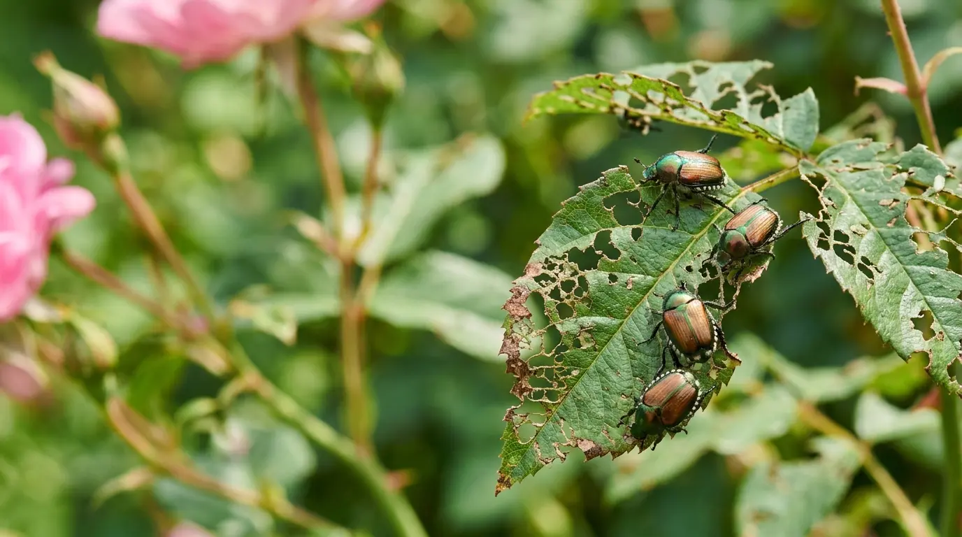 Japanese beetle damage on rose leaves