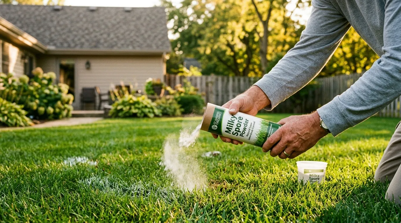 Applying milky spore powder to a lawn for long-term grub control