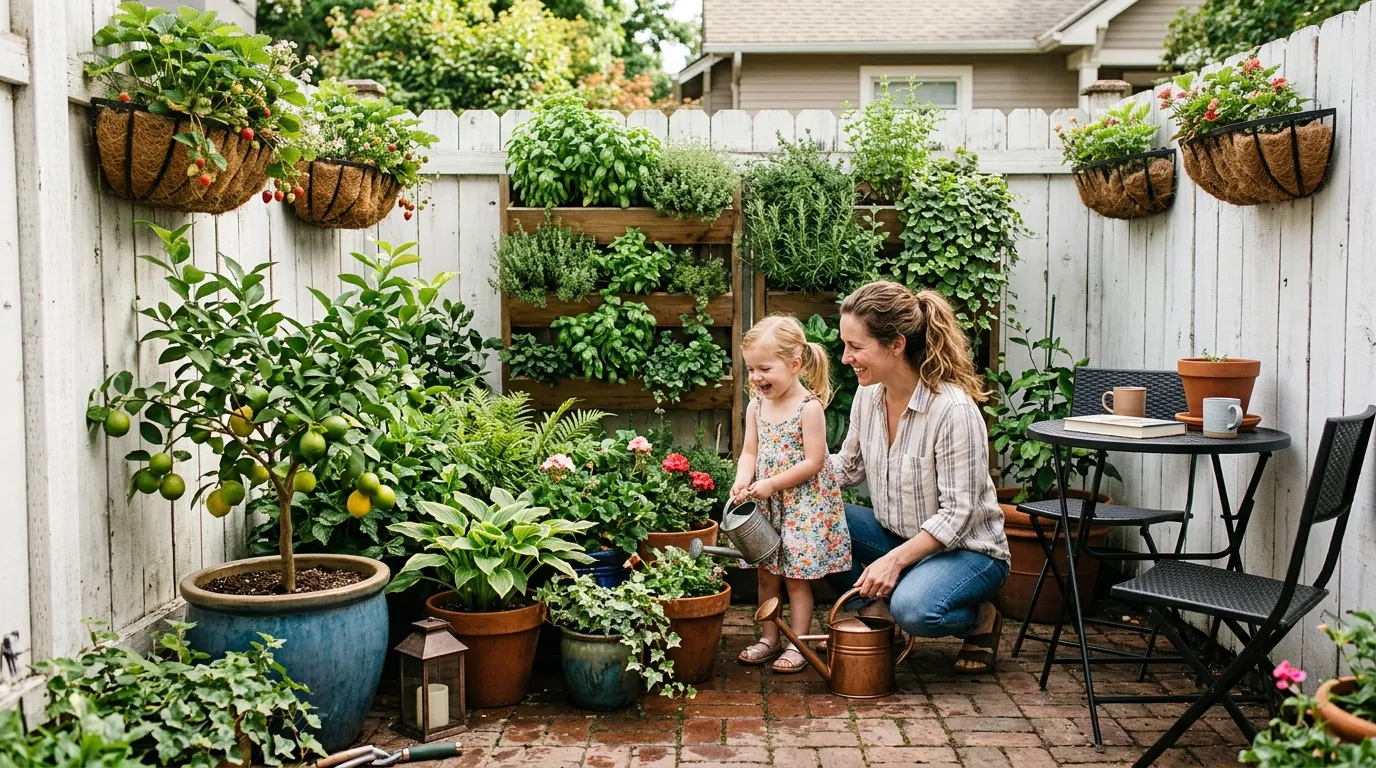 Small urban Portland patio with vertical herb planters, dwarf Meyer lemon, and a bistro table