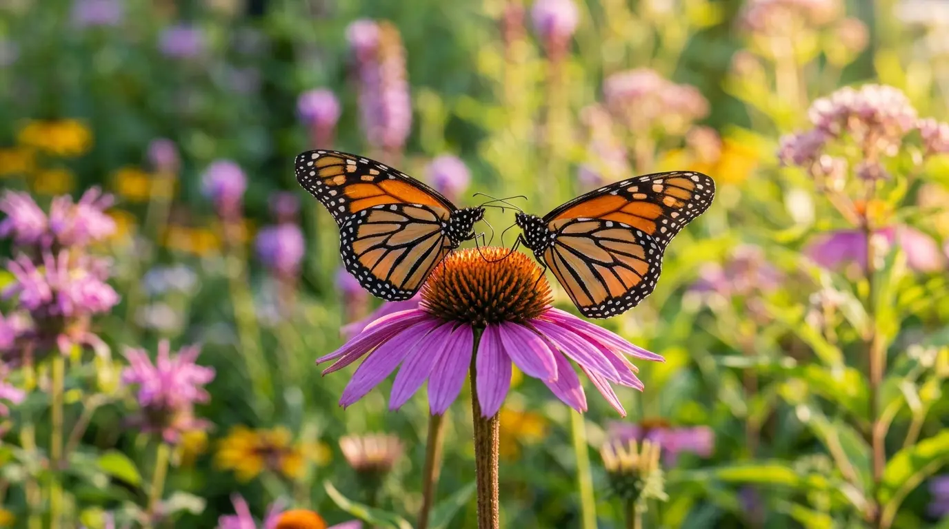 Monarch butterfly on purple coneflower in a pollinator garden