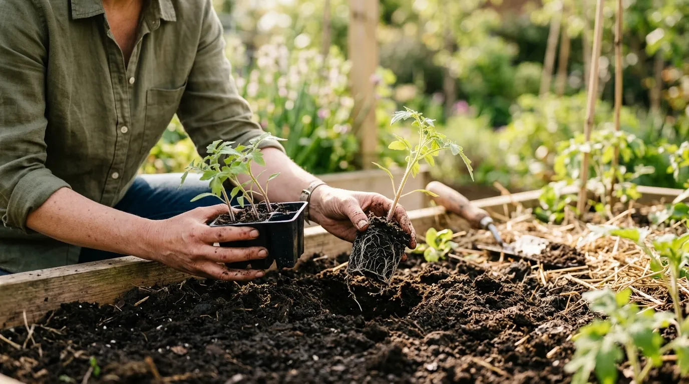 Hands transplanting young tomato seedlings into garden soil