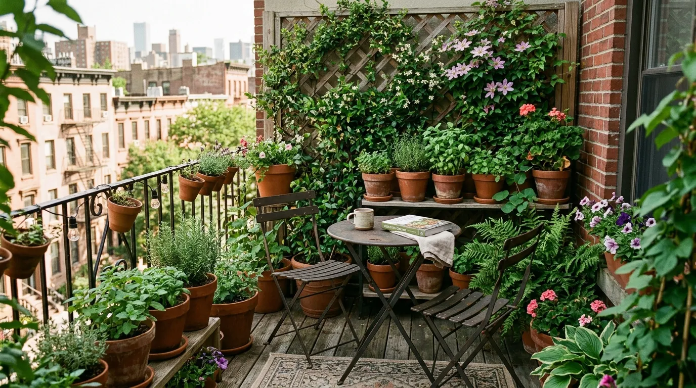 Small urban patio garden with container plants and herbs in terracotta pots