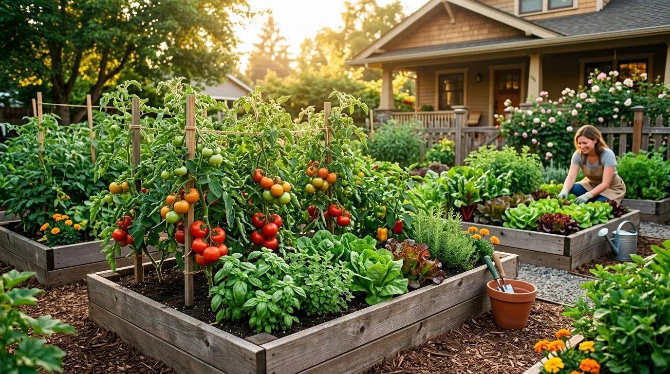 A thriving raised bed vegetable garden with tomatoes, lettuce, and herbs in warm golden hour light